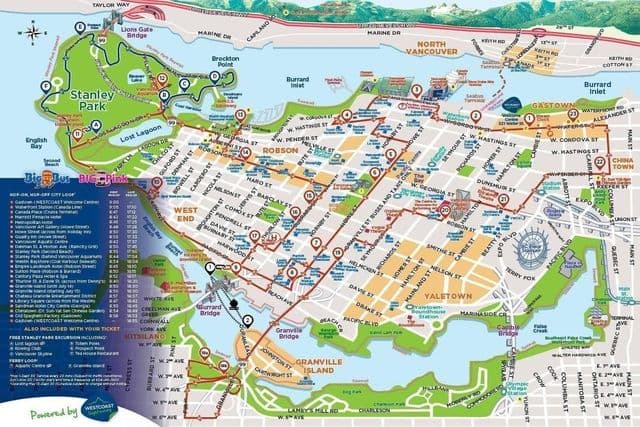 Vancouver Hop On Hop Off bus tours kaart
